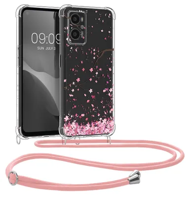 Produktbild von kwmobile Necklace Case kompatibel mit Oppo A76 / A96 Hülle - Silikon Cover mit Handykette - Rosa Dunkelbraun Transparent Kirschblütenblätter