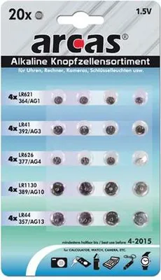 Produktbild von Arcas Knopfzellensortiment 20-teilig AG Alkaline Knopfzellen 1,5V (4x AG1 / 4x AG3 / 4x AG4 / 4x AG10 / 4x AG13) 127 52000