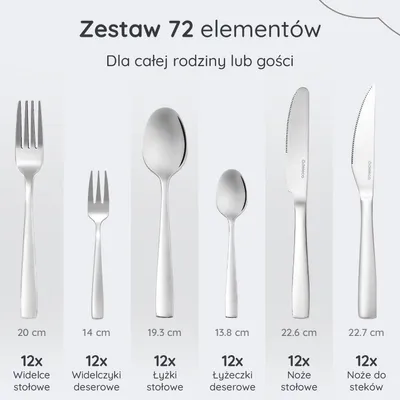 Zdjęcie produktu dla Deleca zestaw sztućców 72 elementy dla 12 osób - sztućce można myć w zmywarce - noże, widelce, łyżki, noże do steków, widelczyki do ciasta - błyszcząca stal nierdzewna