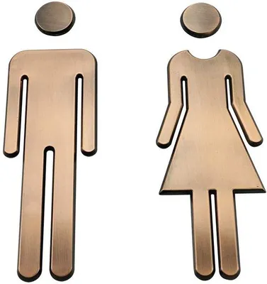 Imagen del producto de Ibenzoa®: Juego de 2 placas adhesivas para inodoro, de acrílico, en color bronce, de 6,5 x 20 cm, para señalización de baños, aseos, hoteles y restaurantes (para hombres y mujeres)
