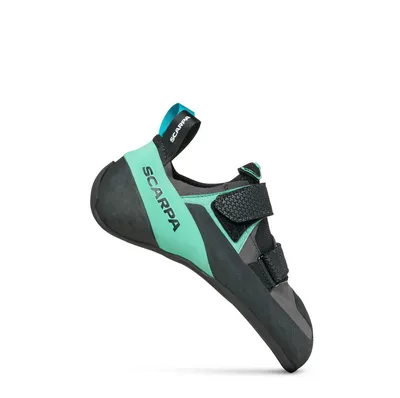 Kletterschuh "Arpia V LV" von Scarpa in Schwarz und Türkis mit zwei Klettverschlüssen.
