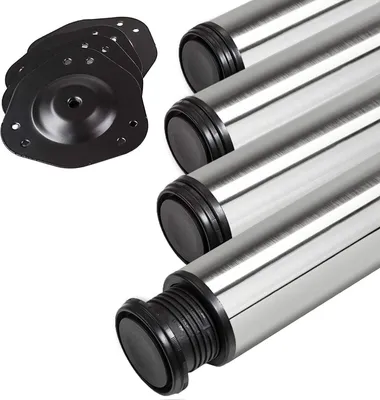 A set of four stainless steel table legs and four mounting plates are shown on a white background.