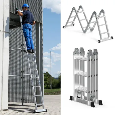 Zdjęcie produktu dla Vigevee, drabinowa konstrukcja aluminiowa z przegubami, 4 stopnie, wielofunkcyjna, składana, drabina domowa, kolor srebrny, udźwig 150 kg