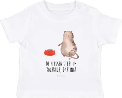 Produktbild von Mr. & Mrs. Panda Organic Baby Shirt Katze Fressen 6. - 12. Monat - Weiß - Geschenk,  Babyshirt, T-Shirt, Kurzarmshirt, Top