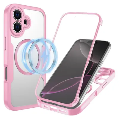 A pink and clear phone case is shown with a phone inside, demonstrating its magnetic ring feature.