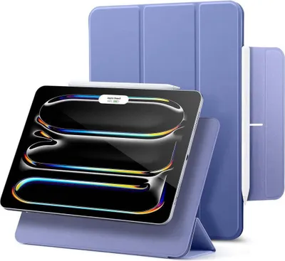 A tablet case with a tablet and stylus.