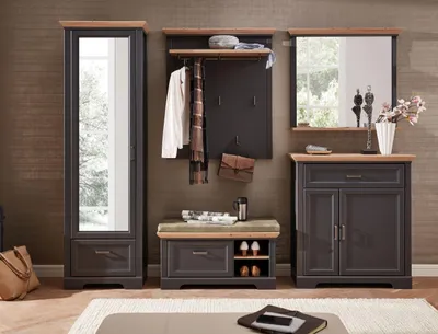 Garderobenset JASMIN GH80 in Graphit und Artisan Eiche mit Spiegel, Garderobe, Bank und Schrank in Gesamtansicht an der Wand.