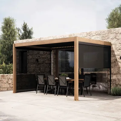 Image de Pergola bioclimatique adossée 3x4m et 2 stores bois gris - Oviala Oia