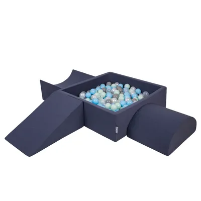 Obrázok produktu pre KiddyMoon Mäkké penové ihrisko pre deti s Štvorec loptičkovým ihriskom (300 ∅ 7 cm) s mäkkými prekážkami a loptičkovým bazénom,  vyrobené v EÚ, Tmavomodrá:Perla/Grey/Transparentné/Babyblu