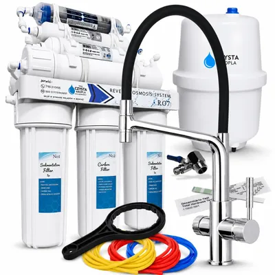 Produktbild von 3-Wege Küchenarmatur Flexible mit RO7 Umkehrosmose Wasserfiltersystem, 7-stufige Filtration, 75 GPD Membran, herausziehbare Brause, zwei Strahlarten