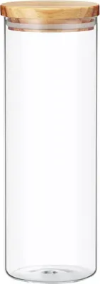 A clear glass storage jar with a wooden lid, presented on a white background.