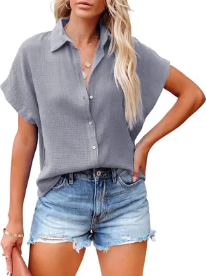 Produktbild von ASKSA Damen Knöpfen Bluse Kurzarm V-Ausschnitt Hemd Fledermausärmel Revers Oberteile Casual Lose Einfarbig Shirts, Grau, S