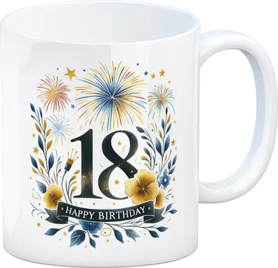 Produktbild von 18. Geburtstag Kaffeebecher mit Spruch Happy Birthday 18