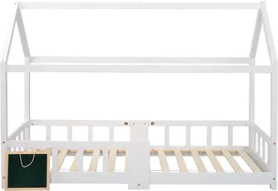 Produktbild von Merax Kinderbett 90x200cm mit Rausfallschutz und Lattenrost, Hausbett mit Tafel und Dach, Kieferholzbett Einzelbett Jugendbett, Weiß