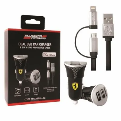 Imagen del producto de Cargador Ferrari, modelo Febcccbunbk, 2W, con conectores Lightning/Micro USB, color negro