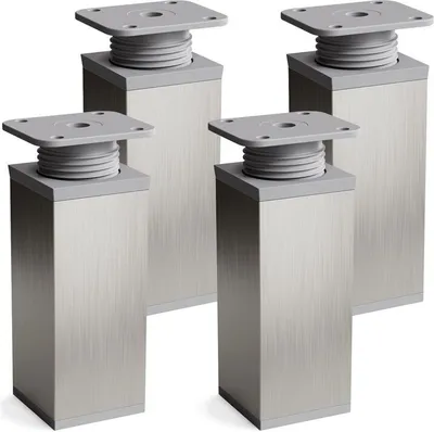 Four modern furniture legs with adjustable height are shown against a white background.