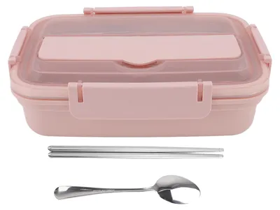Productafbeelding van Lunchbox, 3 compartimenten, gemaakt van roestvrij staal (304), kunststof, inclusief bijpassende lepel en eetstokjes, draagbare container voor op kantoor, roze