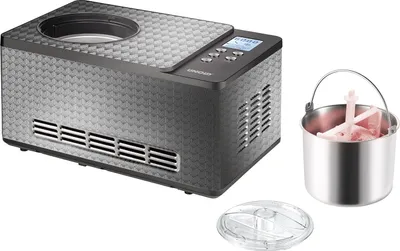 An ice cream maker and its accessories are displayed against a white background.