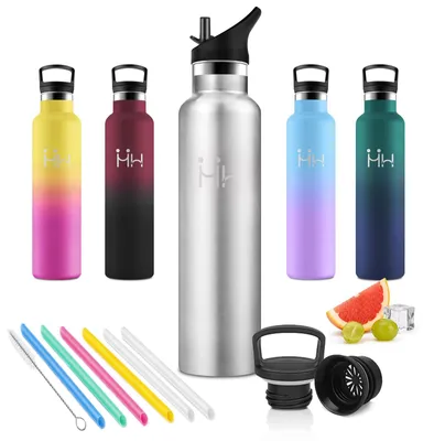 Produktbild von Trinkflasche Edelstahl 1L, Thermosflasche mit Strohhalm, BPA-Frei