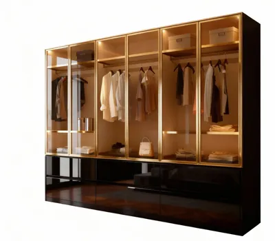 A modern, multi-door wardrobe with glass doors and gold-colored frames, showcasing clothes and accessories inside.