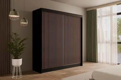 Produktbild von ALTDECOR Kleiderschrank mit Lamel-Schiebetüren, kugelgelagerte Führungsschienen und Aluminium-Leisten - VILANv2 - 200 cm Schwarz + Lamelle Eiche Wotan