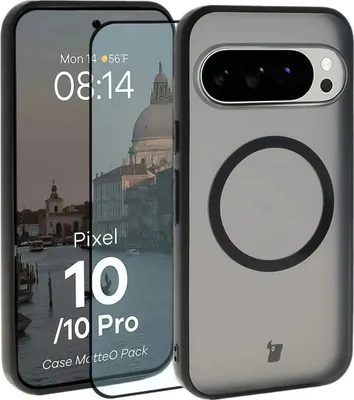 Produktbild von Schutzhülle mit Magnetring + gehärtetem Glas Bizon MatteO Pack für Google Pixel 10 / 10 Pro, Getönt-Schwarz
