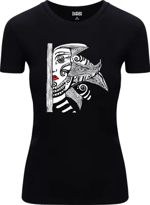 Produktbild von Diarbo Damen T-Shirt mit Abstraktem Druck Halbes Mädchengesicht Schwarz Gr.S
