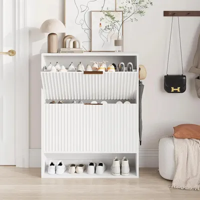 Immagine prodotto di Armadio per scarpe - Scarpiera - 80x30x102 cm - Design compatto e salvaspazio - 2 ante - Materiale: legno MDF - Colore: bianco