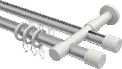 Produktbild von Interdeco Rundrohr-Innenlaufstange / Gardinenstange (Kombination) Silbergrau / Weiß, Typ Prestige Santo (Kappe), 20 mm Ø 2-läufig, 400 cm