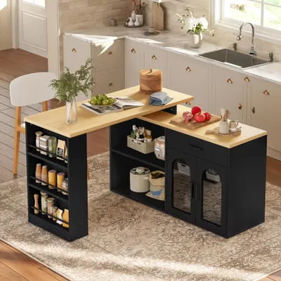 Zdjęcie produktu dla Wyspa kuchenna z obrotowym blatem o zakresie 360°, szafka do przechowywania, bar, szuflada i półki, materiał: MDF, kolor: biały, wymiary: 136x50x78 cm