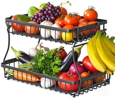 Zdjęcie produktu dla Koszyk na owoce Unyqoos® dwupiętrowy, prostokątny, czarny, z 4 wyjmowanymi uchwytami na banany, miękkimi podkładkami ochronnymi, modułową konstrukcją i montażem bez użycia narzędzi