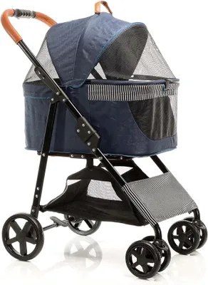 Imagen del producto de Carrito plegable para perros en azul, con cesta extraíble para transportar perros y gatos de tamaño pequeño a mediano
