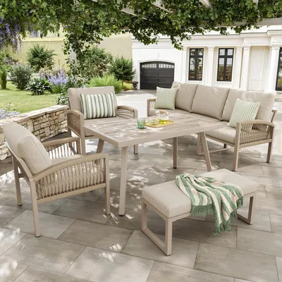Immagine prodotto di Set divani da giardino Merax con vetro effetto legno e 2 poltrone, salotto da giardino intrecciato a mano per 7 persone, mobili da giardino con struttura in ferro incl. tavolo, beige