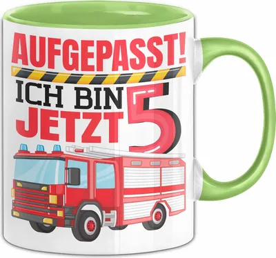 Produktbild von 5. Geburtstag Geschenk Tasse Becher Jungs Feuerwehr Aufgepasst Ich Bin Jetzt 5 (Grün)