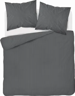 A top-down view of a grey striped duvet cover and two pillowcases on a white surface.