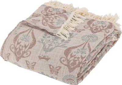 A folded blanket with a patterned design.