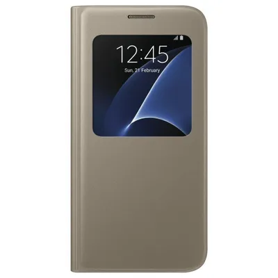 A gold Samsung flip case for a smartphone is shown against a white background.
