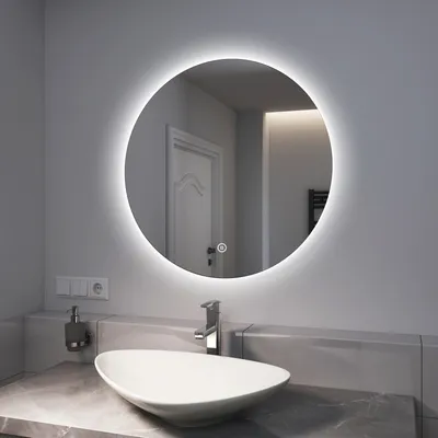 Produktbild von EMKE Lustro łazienkowe LED okrągłe o średnicy 70 cm Lustro łazienkowe LED z oświetleniem zimna biel Podświetlane lustro Lustro ścienne z włącznikiem dotykowym IP44 Energooszczędne
