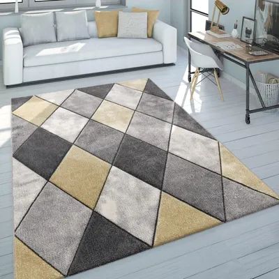 Produktbild von Teppich Wohnzimmer Kurzflor Skandinavischer Stil Rauten Grau Gelb Modern Grösse 60x110 cm