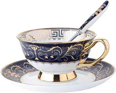 Produktbild von PolkaHome® Knochenporzellan Tasse und Untertasse Set mit Löffeln, Frühlingsgartenmuster, Teetassen, Kaffeetassen, Blumen Porzellan Teetassen