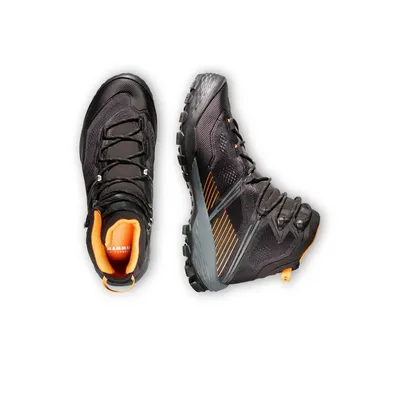 Schwarze Trailrunning-Schuhe "Ducan II High GTX Men" von Mammut; mit orangefarbenem Innenfutter und griffiger Sohle.