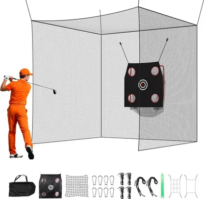 Immagine prodotto di Gabbia da golf / rete da golf - Rete da allenamento per il tee - Dimensioni 305 x 305 x 305 cm - Tessuto in poliestere a 3 strati senza nodi - Con bersaglio da golf e bersaglio da baseball a 9 buche - Per uso esterno e interno