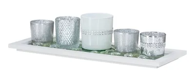 Produktbild von Tablett Teelichthalter Set Silber Weiß Holz Glas Windlichter Kerzenhalter Deko Weihnachtsdeko Tischdeko Glitzer