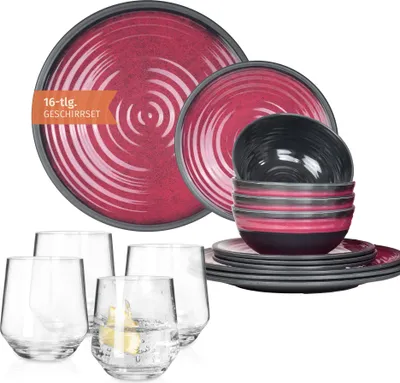 Produktbild von Melamin Camping Geschirr Set 4 Personen Stone Red + 4 Milano Gläser Wassergläser Tafelgeschirr Picknick BBQ Kochgeschirr