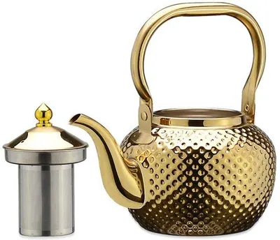 Productafbeelding van Ibenzoa® theepot van roestvrij staal, 1,2 liter, met zeef, ergonomische handgreep, goudkleurig, elektrochemisch behandeld, brede tuit – geschikt voor inductiekookplaten (vanaf 2012) en gasfornuizen