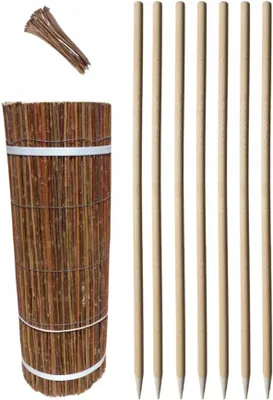 A roll of woven willow matting and several wooden stakes are displayed against a white background.