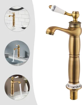 A collage of images showing a vintage-style brass faucet in different settings, including a close-up of the faucet itself.