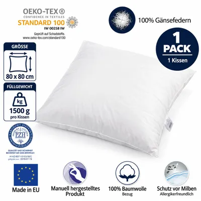 Produktbild von Federkissen 80x80 cm 1500 Gramm – Kopfkissen mit 100% Gänsefedern – Baumwollbezug 185 g/m² – Ganzjahreskissen