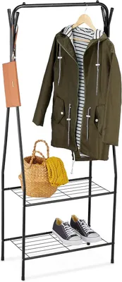 Immagine prodotto di Porta abiti in metallo - 2 ripiani e 4 ganci - Appendiabiti con barra appendiabiti - 158 x 60 x 33 cm - Porta scarpe - Nero