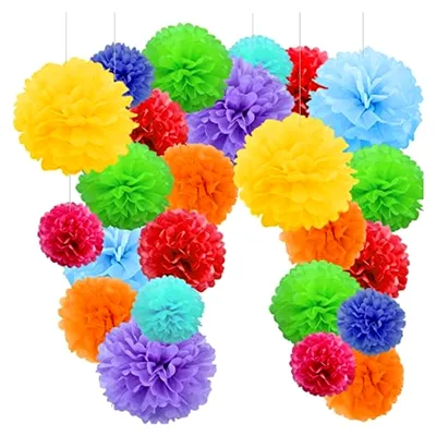 Produktbild von 24 Pompons, mehrfarbig, Dekoration für Geburtstag, Pompoms, Blumen aus Seidenpapier, Fächer und Kugeln aus Papier, Girlande, Deko für Karneval oder Geburtstag, 24 Stück